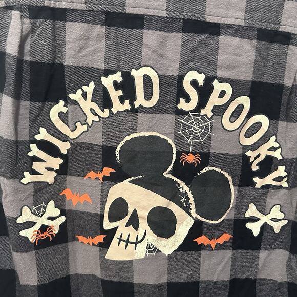 Disney 2021 Disneyland Halloween Trick Treat Gray Plaid Flannel Shirt Medium - Picture 4 of 5